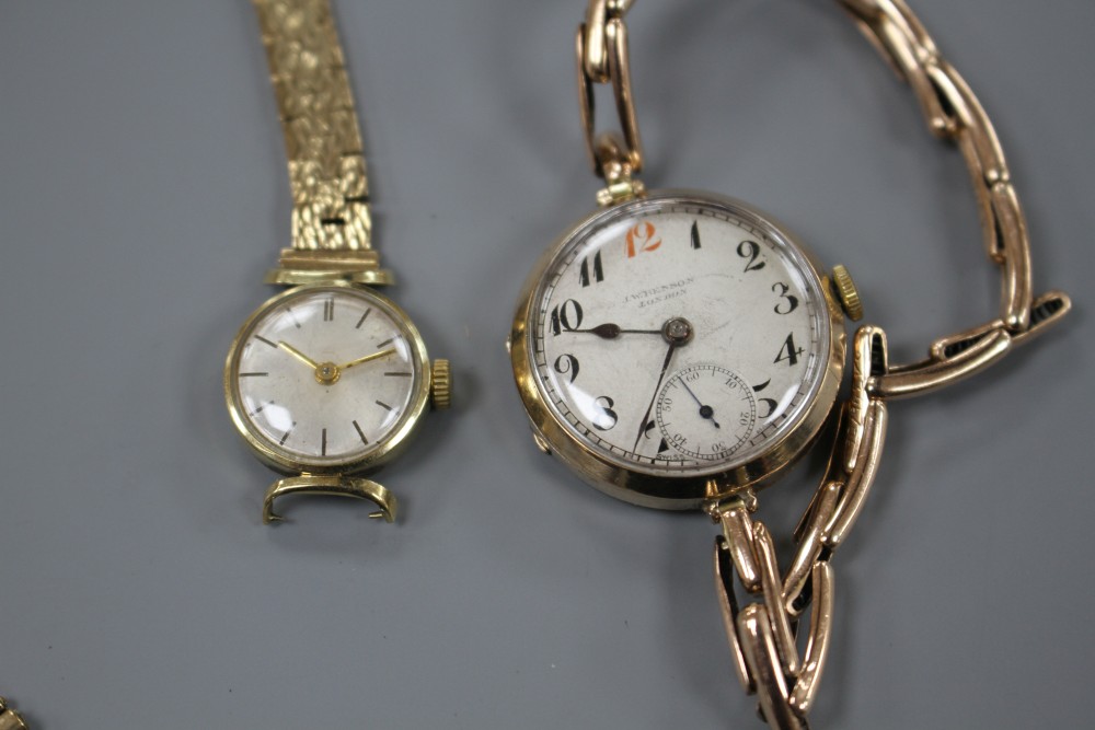A ladys 1930s? 9ct gold manual wind wrist watch, on yellow metal flexible strap and a 14ct gold watch on damaged strap.